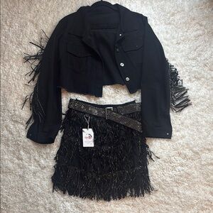 Black Fringe Jacket and Skirt Set